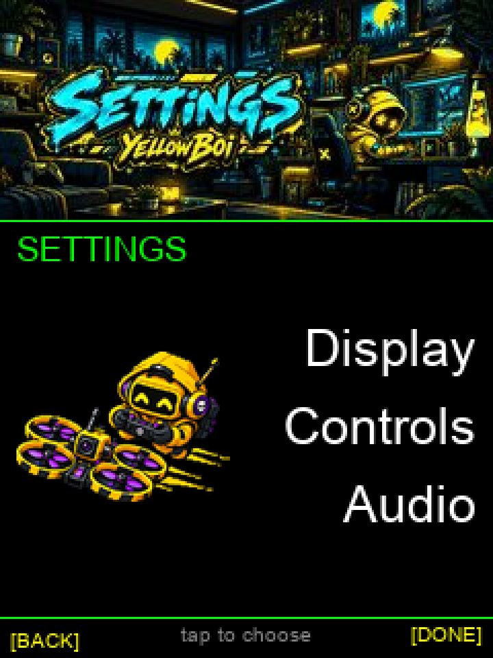 YellowB0i Settings menu with its original banner and drone character