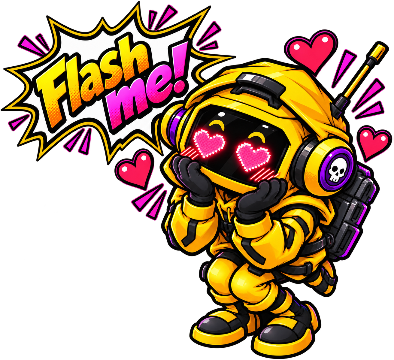 YellowB0i character with a Flash me comic bubble
